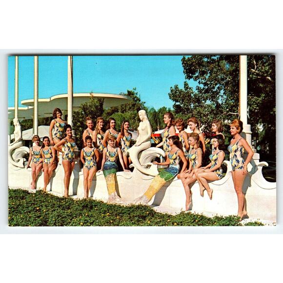 Mermaids Weeki Wachee Swimsuit Women Postcard Pose By Statue Florida Retro - Picture 1 of 2